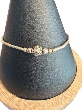 Silver Tone Dainty Bracelet Textured Rose Bead Screw Barrel Clasp 7" Southwest